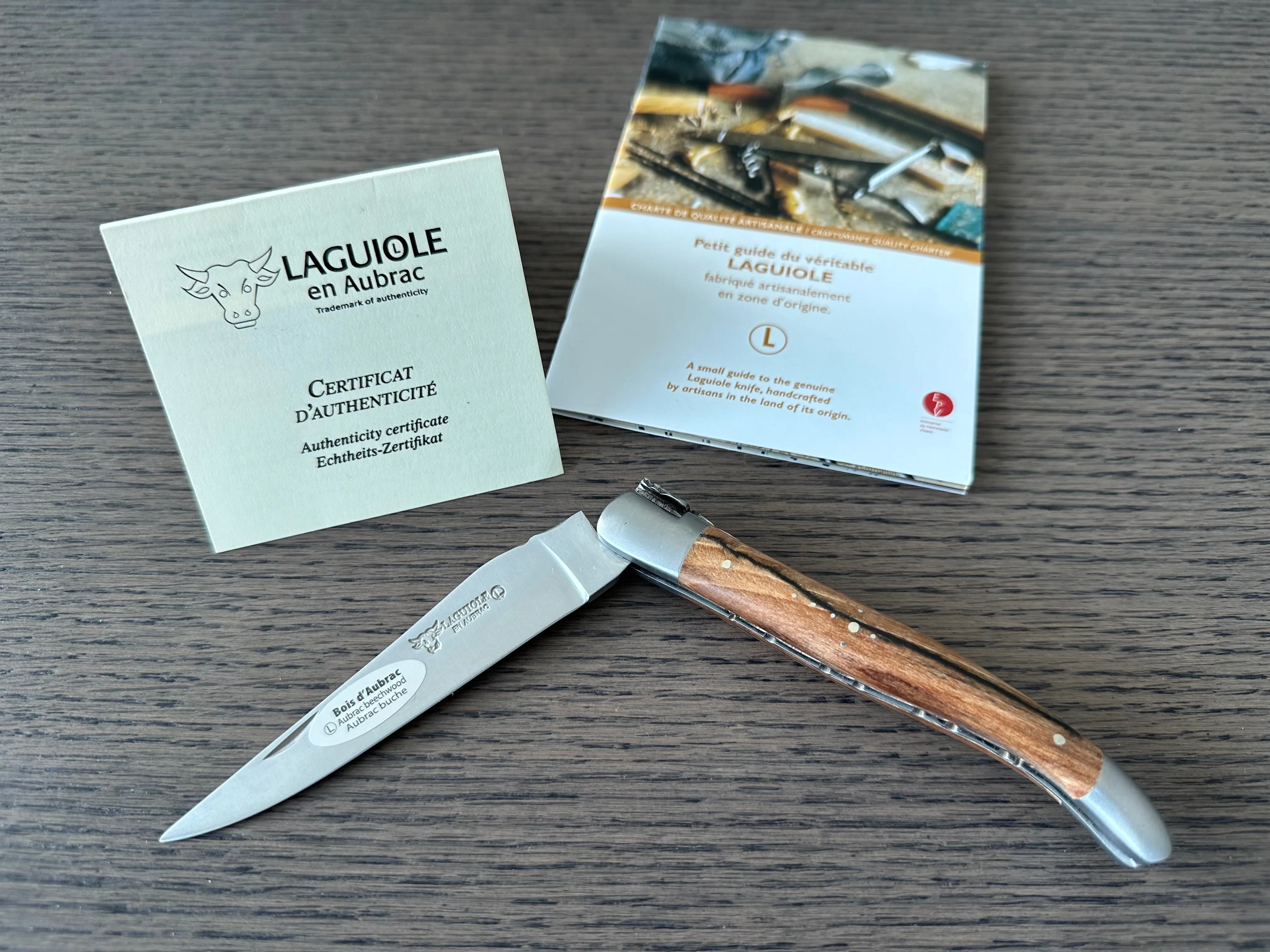 Laguiole en Aubrac Luxury Double Plates Stainless Steel Bolsters Folding Pocket Knife, Aubrac Wood Handles, 4.8-In