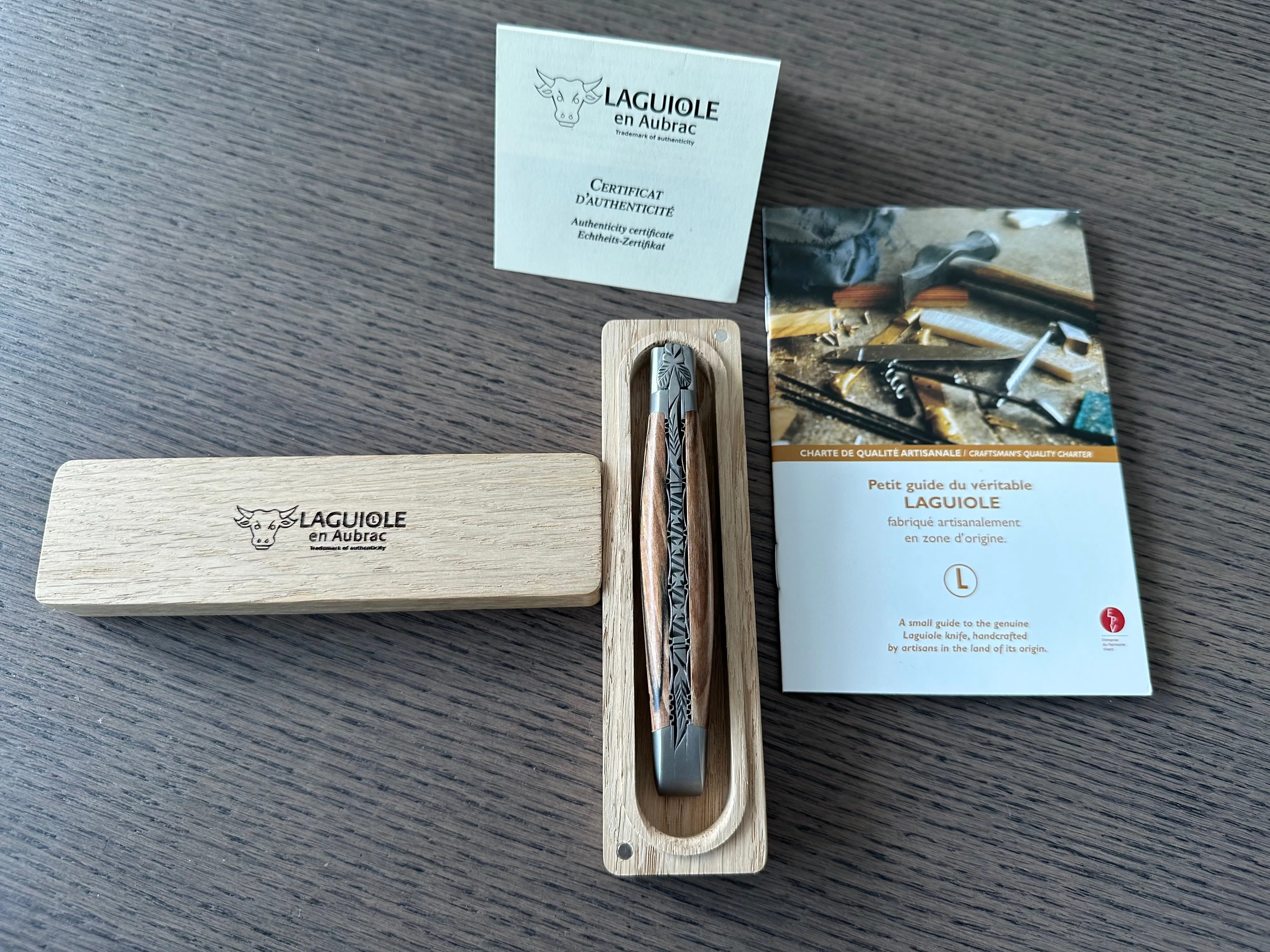 Laguiole en Aubrac Luxury Double Plates Stainless Steel Bolsters Folding Pocket Knife, Aubrac Wood Handles, 4.8-In