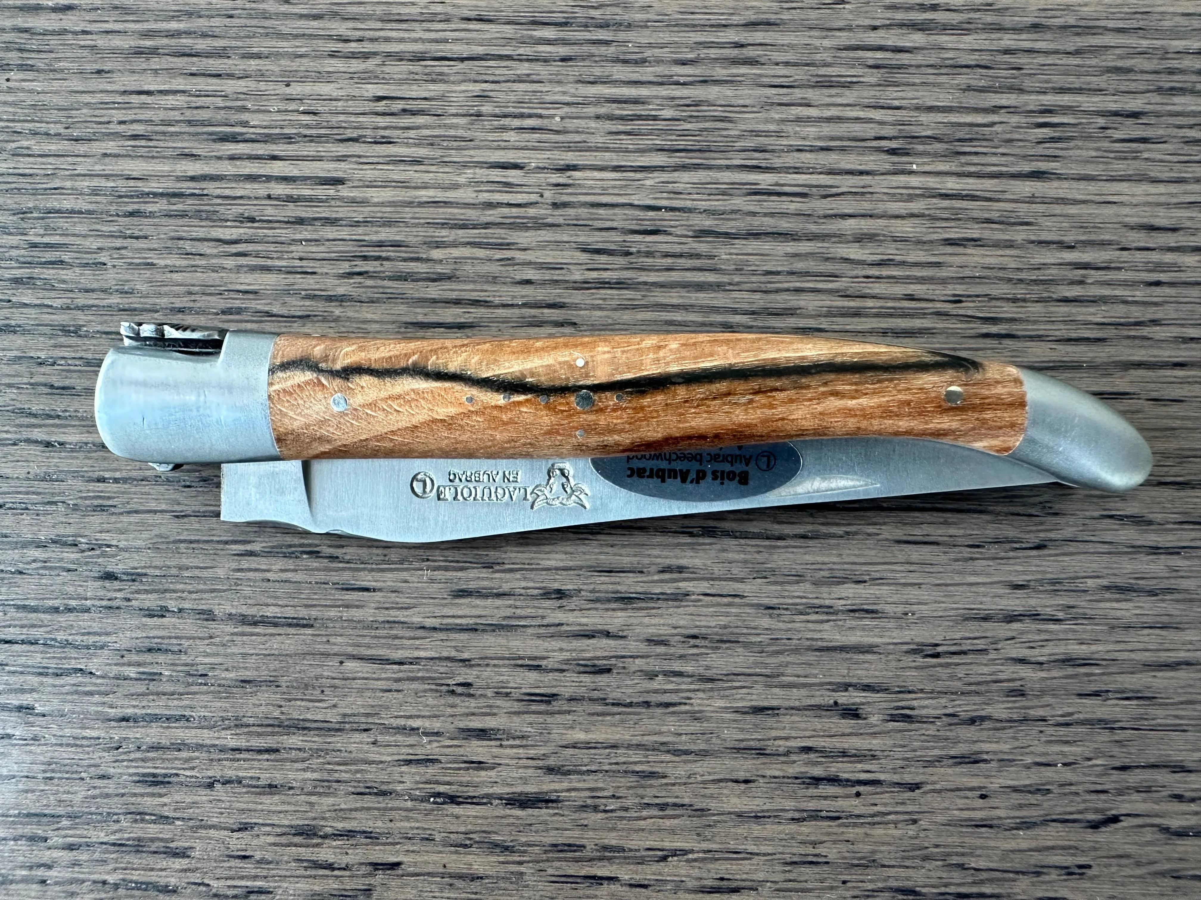 Laguiole en Aubrac Luxury Double Plates Stainless Steel Bolsters Folding Pocket Knife, Aubrac Wood Handles, 4.8-In