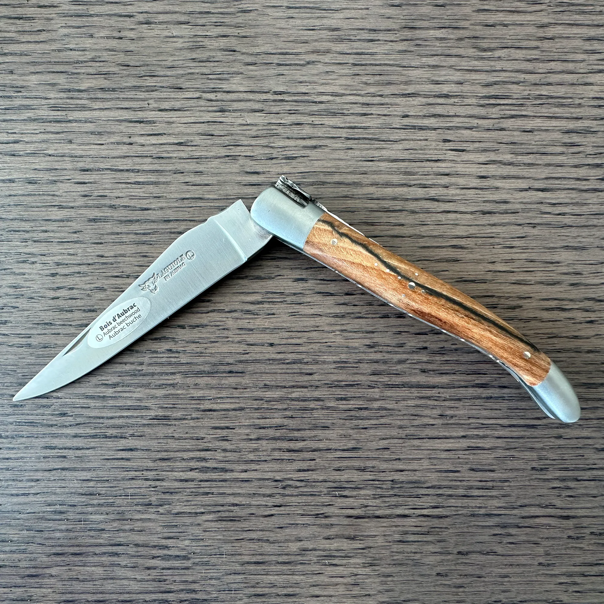 Laguiole en Aubrac Luxury Double Plates Stainless Steel Bolsters Folding Pocket Knife, Aubrac Wood Handles, 4.8-In