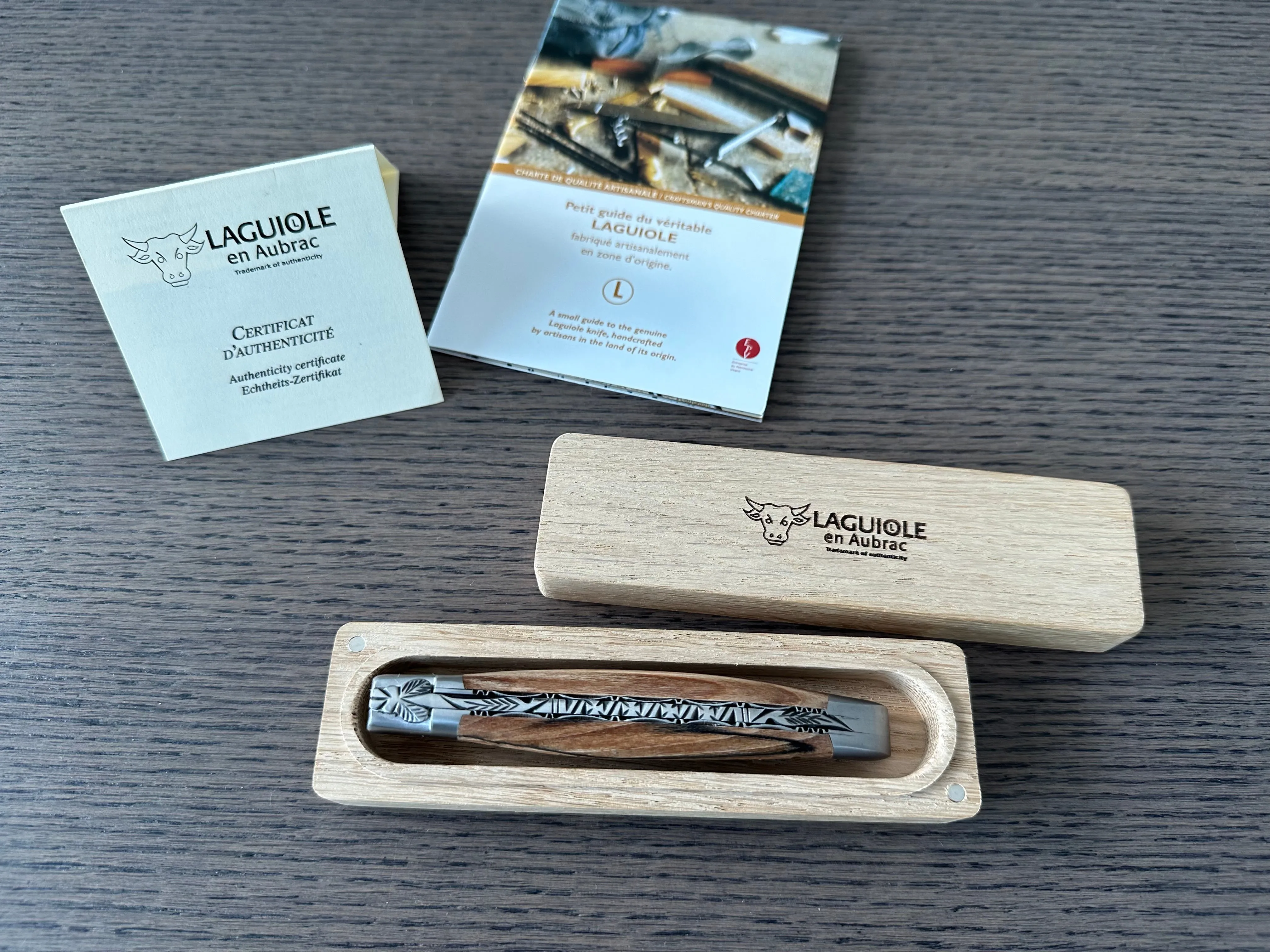 Laguiole en Aubrac Luxury Double Plates Stainless Steel Bolsters Folding Pocket Knife, Aubrac Wood Handles, 4.8-In