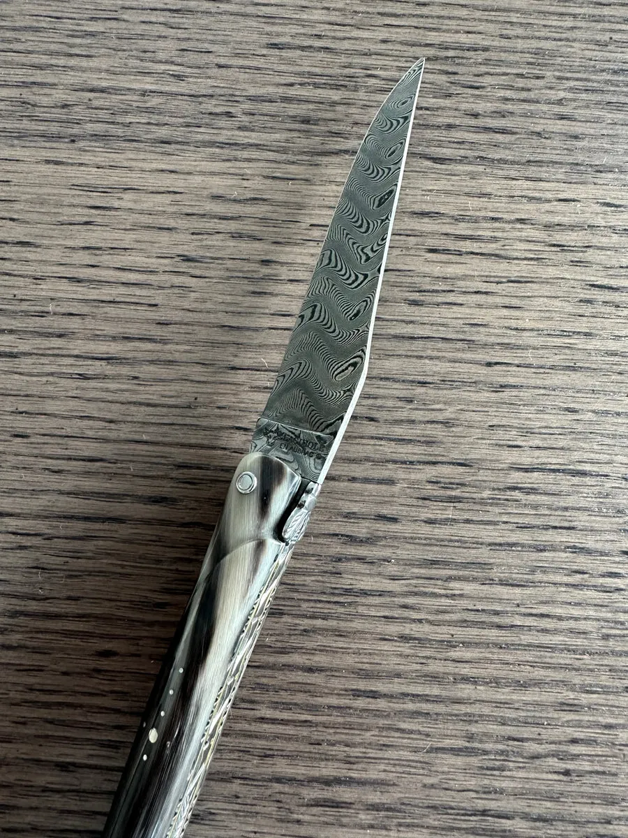 Laguiole en Aubrac Luxury Handcrafted Damascus Multipurpose Knife, Full Solid Horn Handle, 4.75-Inches