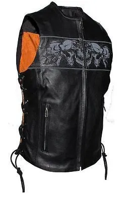 MOTORCYCLE RIDERS LADIES SKULL LEATHER ZIPPER VEST WITH LACES & 2 GUN POCKETS