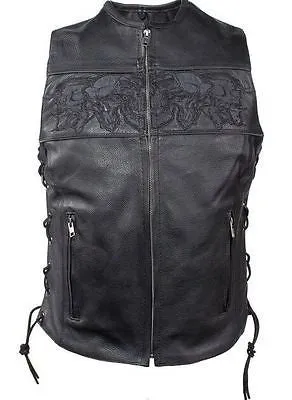 MOTORCYCLE RIDERS LADIES SKULL LEATHER ZIPPER VEST WITH LACES & 2 GUN POCKETS