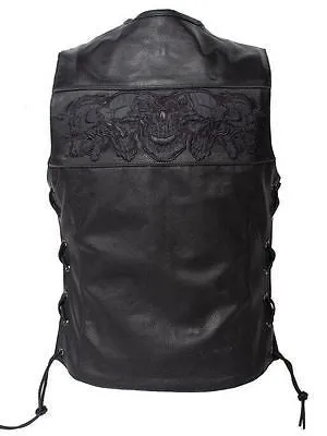MOTORCYCLE RIDERS LADIES SKULL LEATHER ZIPPER VEST WITH LACES & 2 GUN POCKETS