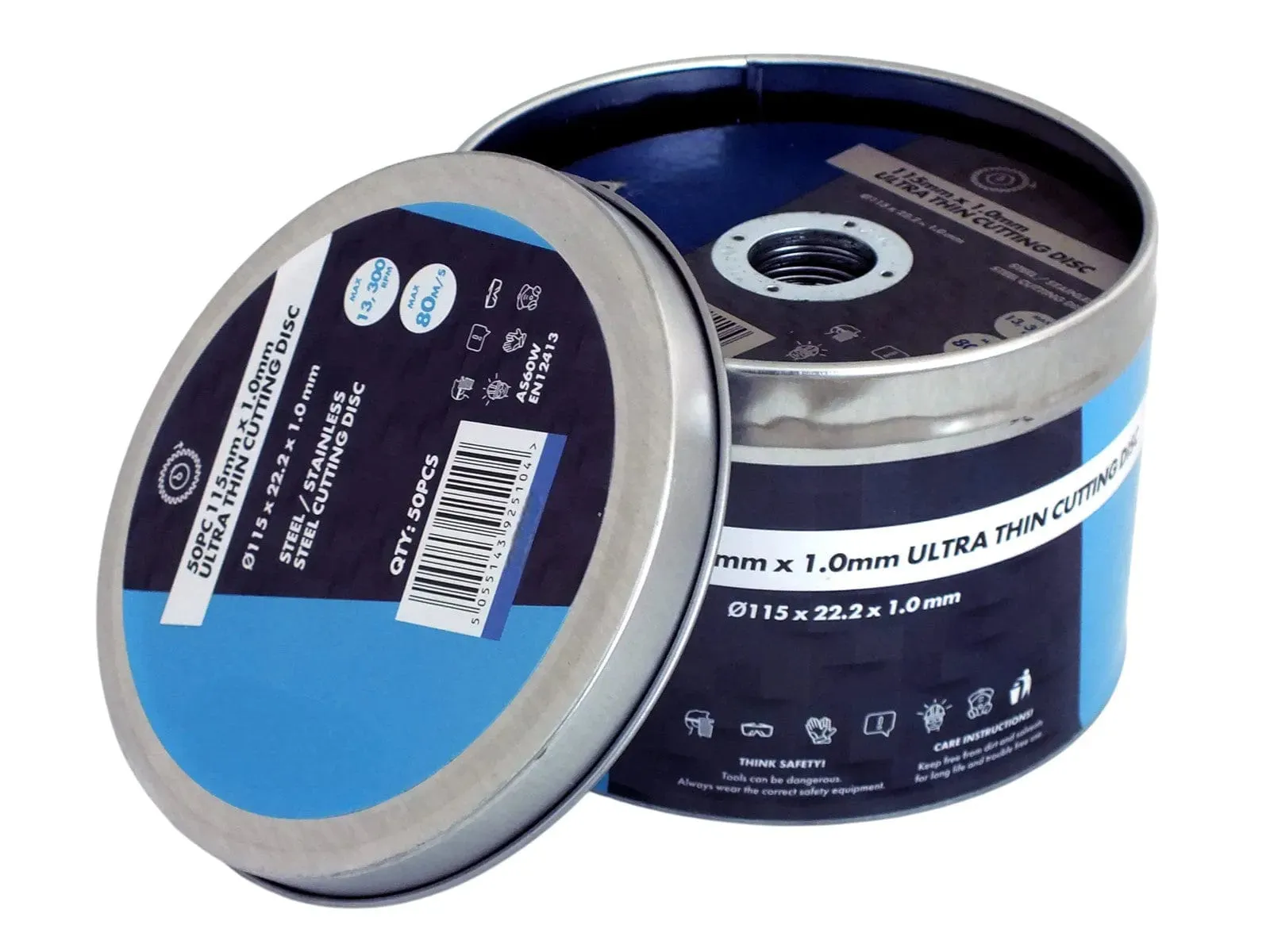 Pack of 50 Ultra Thin Cutting Discs for Steel and Stainless Steel | 1 x 115 x 22.2mm | Includes Storage Tin