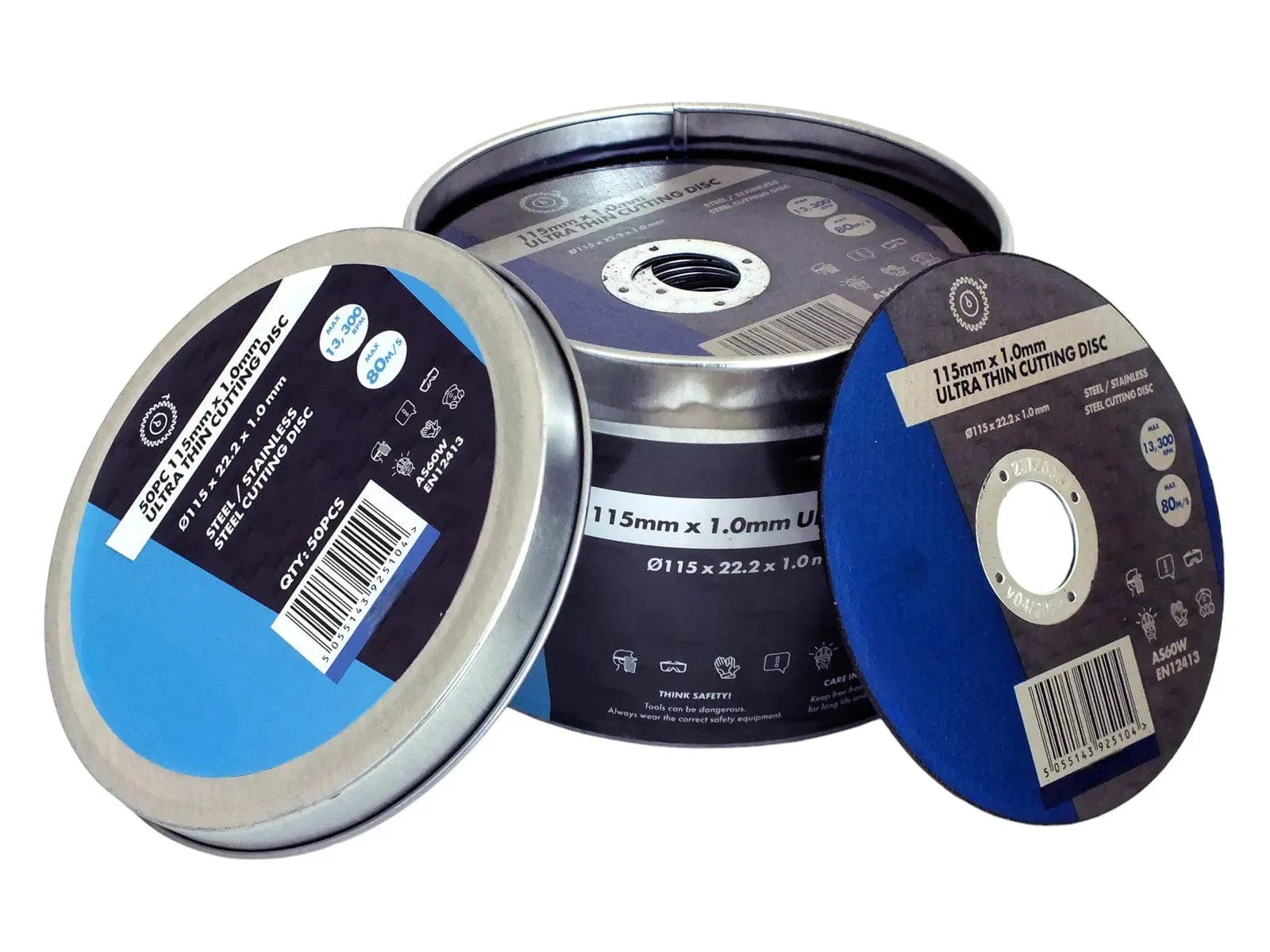 Pack of 50 Ultra Thin Cutting Discs for Steel and Stainless Steel | 1 x 115 x 22.2mm | Includes Storage Tin