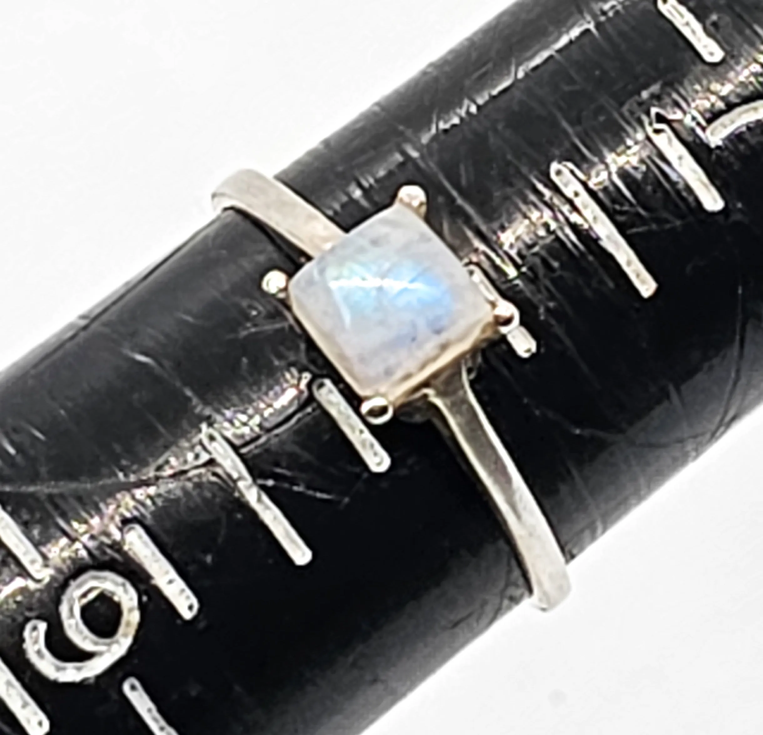 Princess cut flashy blue moonstone minimalist sterling silver ring size 8