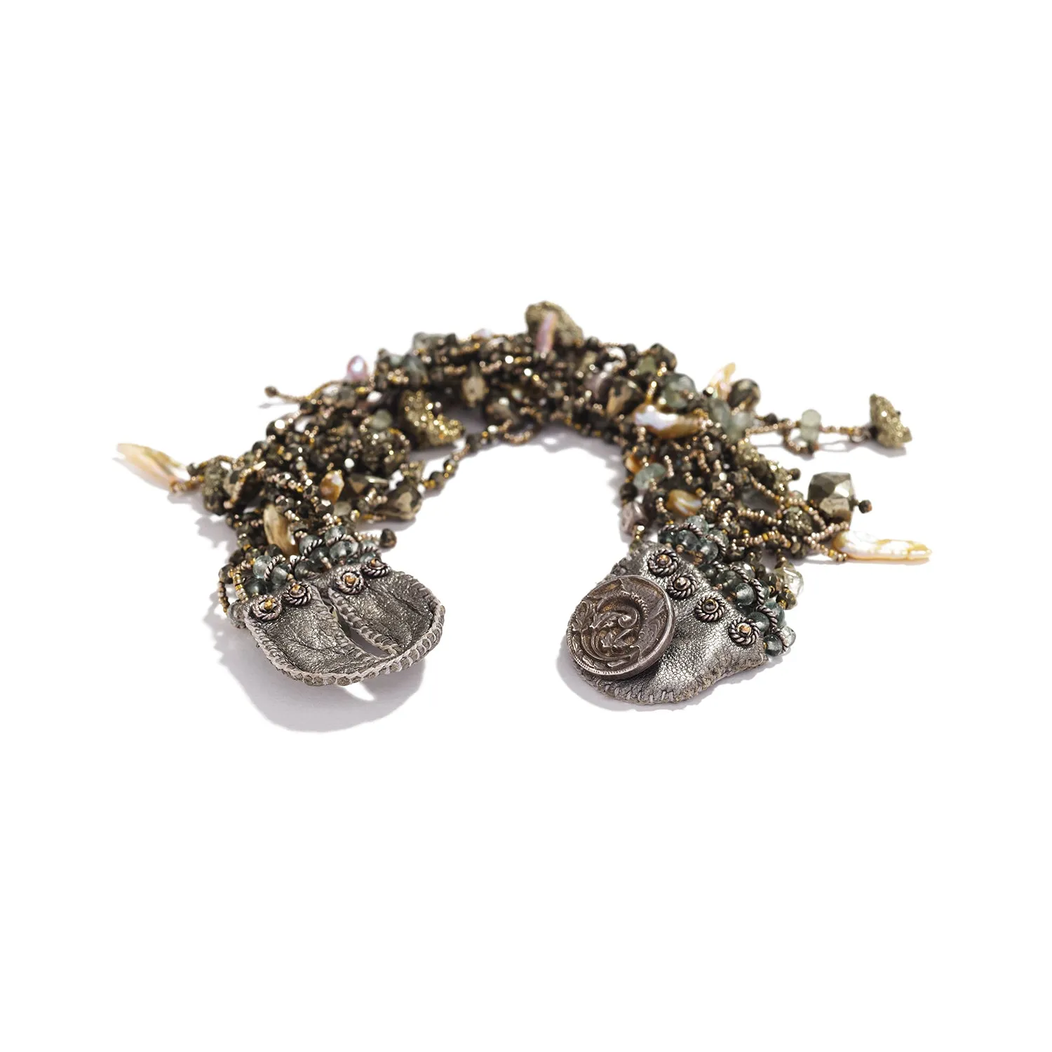 Pyrite, Moss Aquamarine, and Keshi Pearl Bracelet