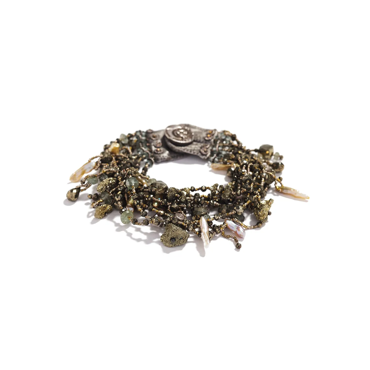 Pyrite, Moss Aquamarine, and Keshi Pearl Bracelet