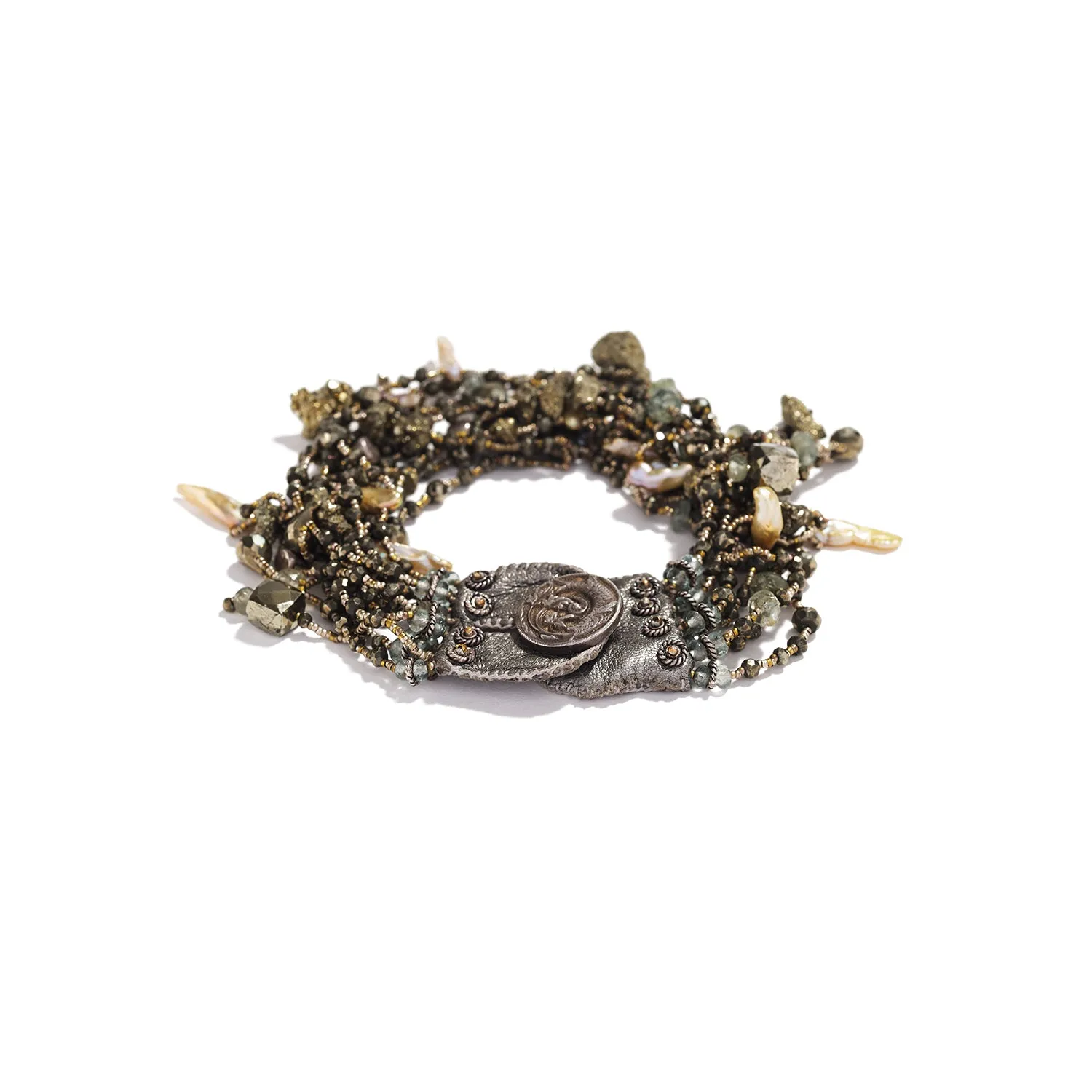 Pyrite, Moss Aquamarine, and Keshi Pearl Bracelet