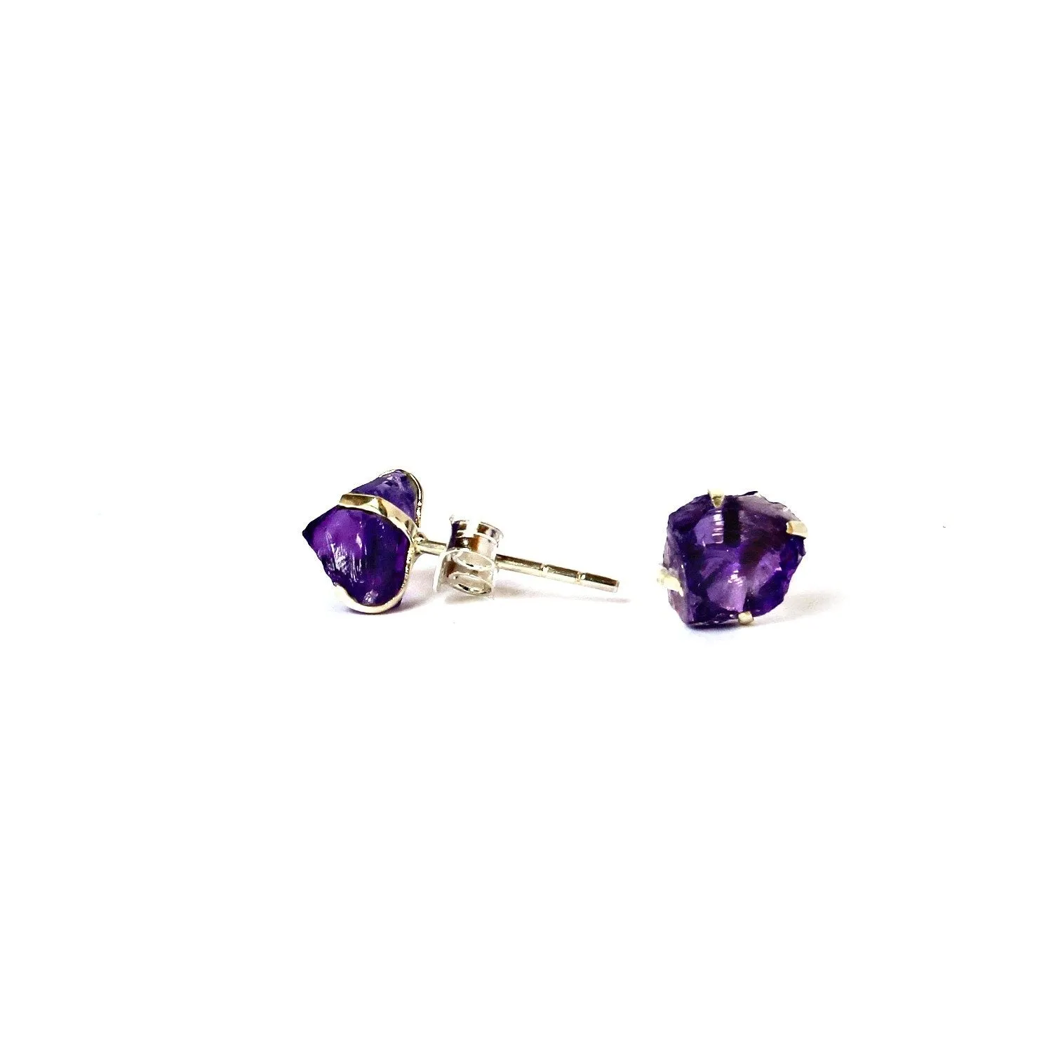 Raw Amethyst Earrings Set in 925 Sterling Silver Studs