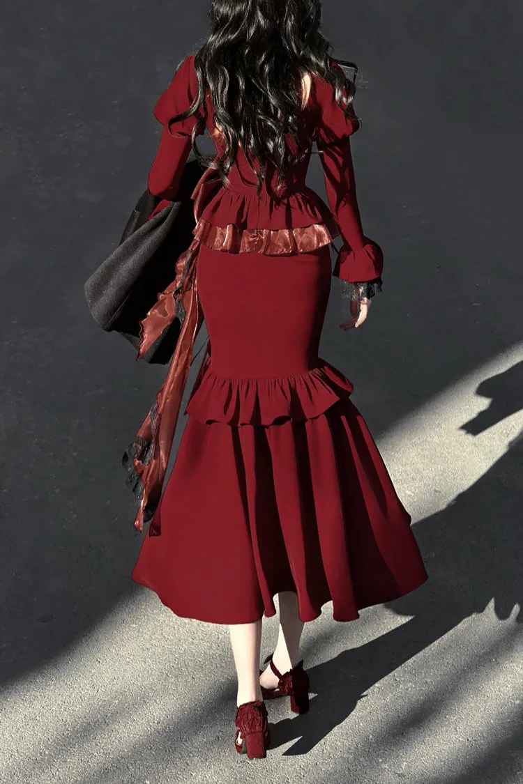 Red Rose Long Sleeves Bowknot Classic Elegant Princess Mermaid Lolita Dress