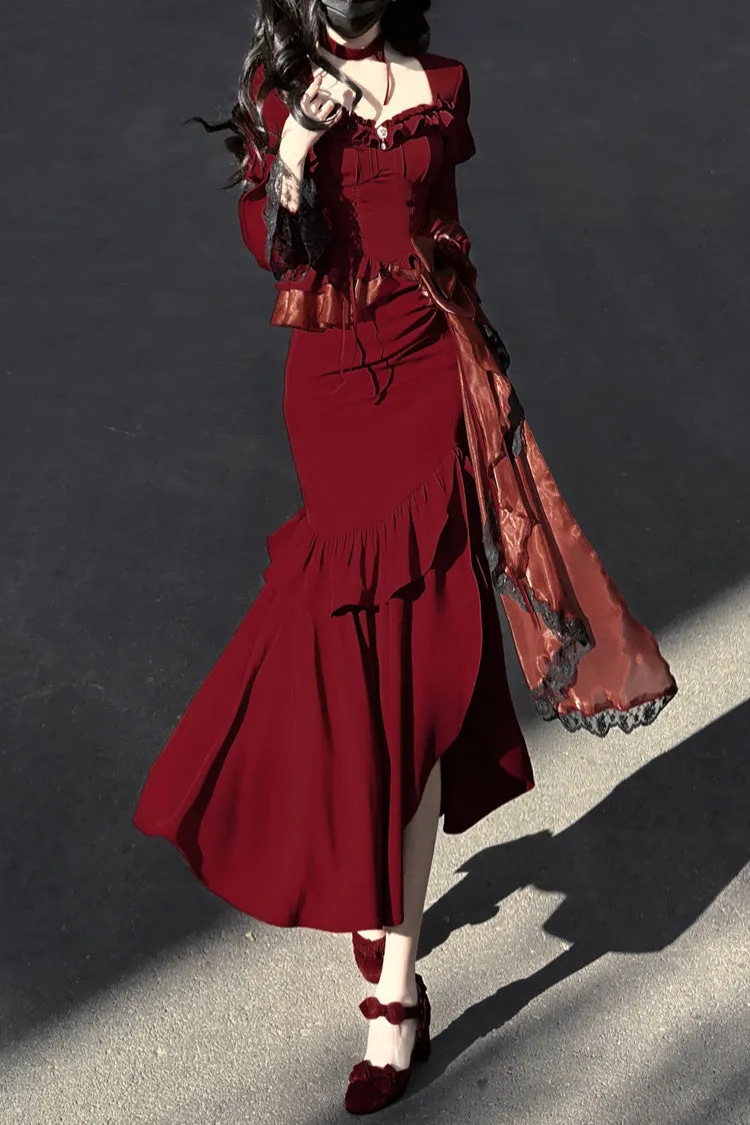 Red Rose Long Sleeves Bowknot Classic Elegant Princess Mermaid Lolita Dress
