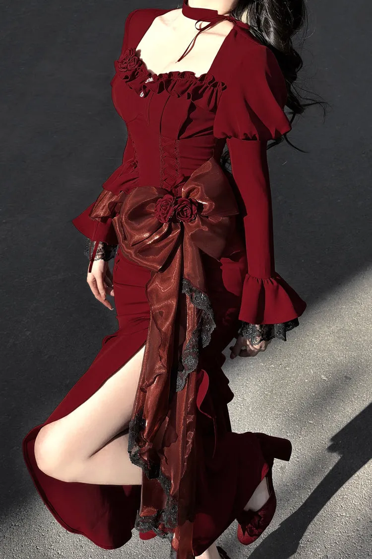 Red Rose Long Sleeves Bowknot Classic Elegant Princess Mermaid Lolita Dress