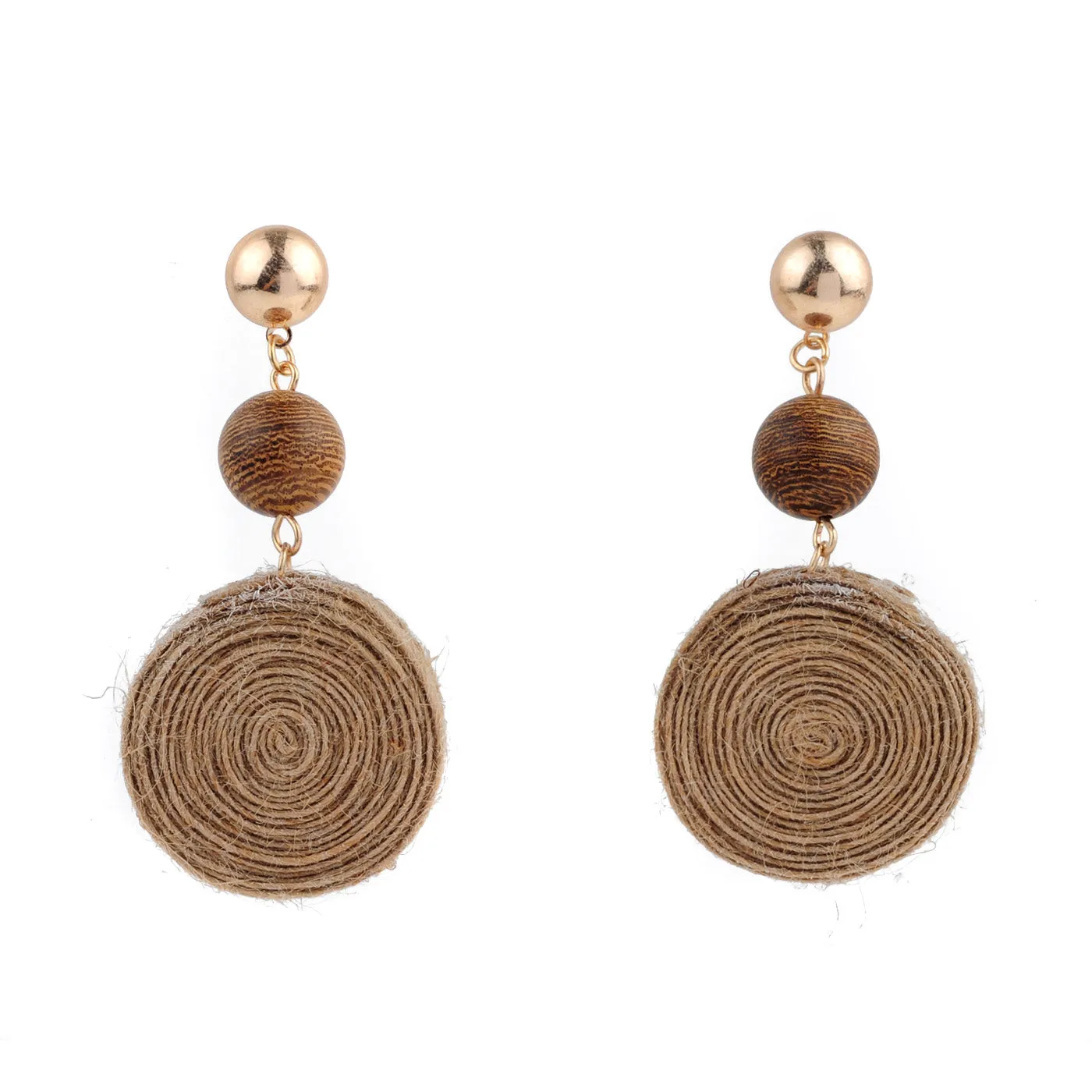 Round Jute Pendant Wooden Beads Earrings