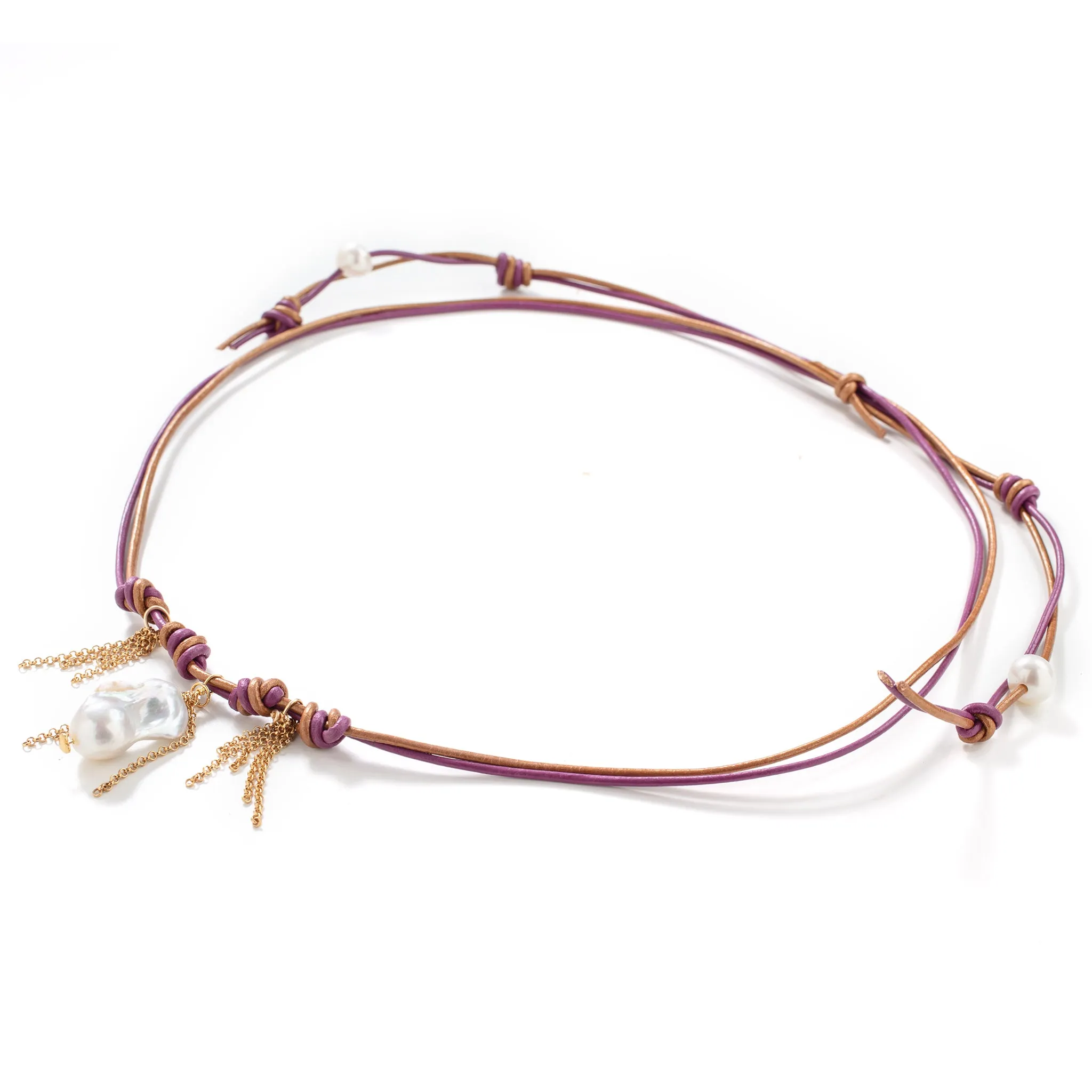 Santorini Sunrise Rockstar Baroque Pearl Gold Angel Wing Chain Leather Necklace