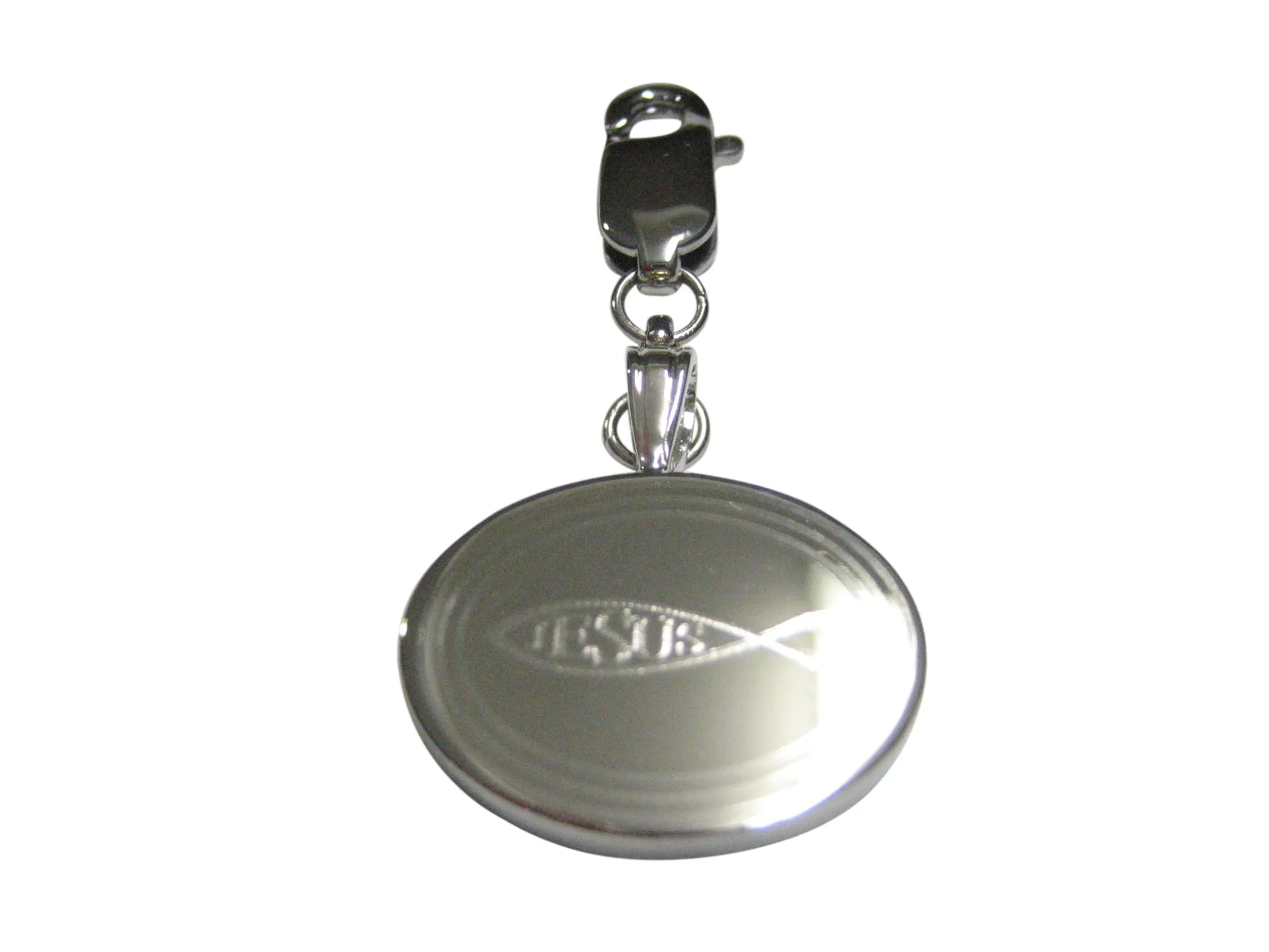 Silver Toned Etched Oval Religious Ichthys Jesus Fish Pendant Zipper Pull Charm