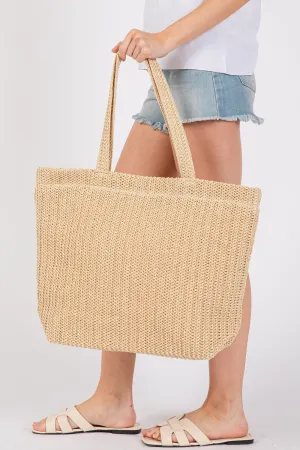 Solid Crochet Straw Bag Zipper Closure and Inner Pocket Beige - Pack of 6