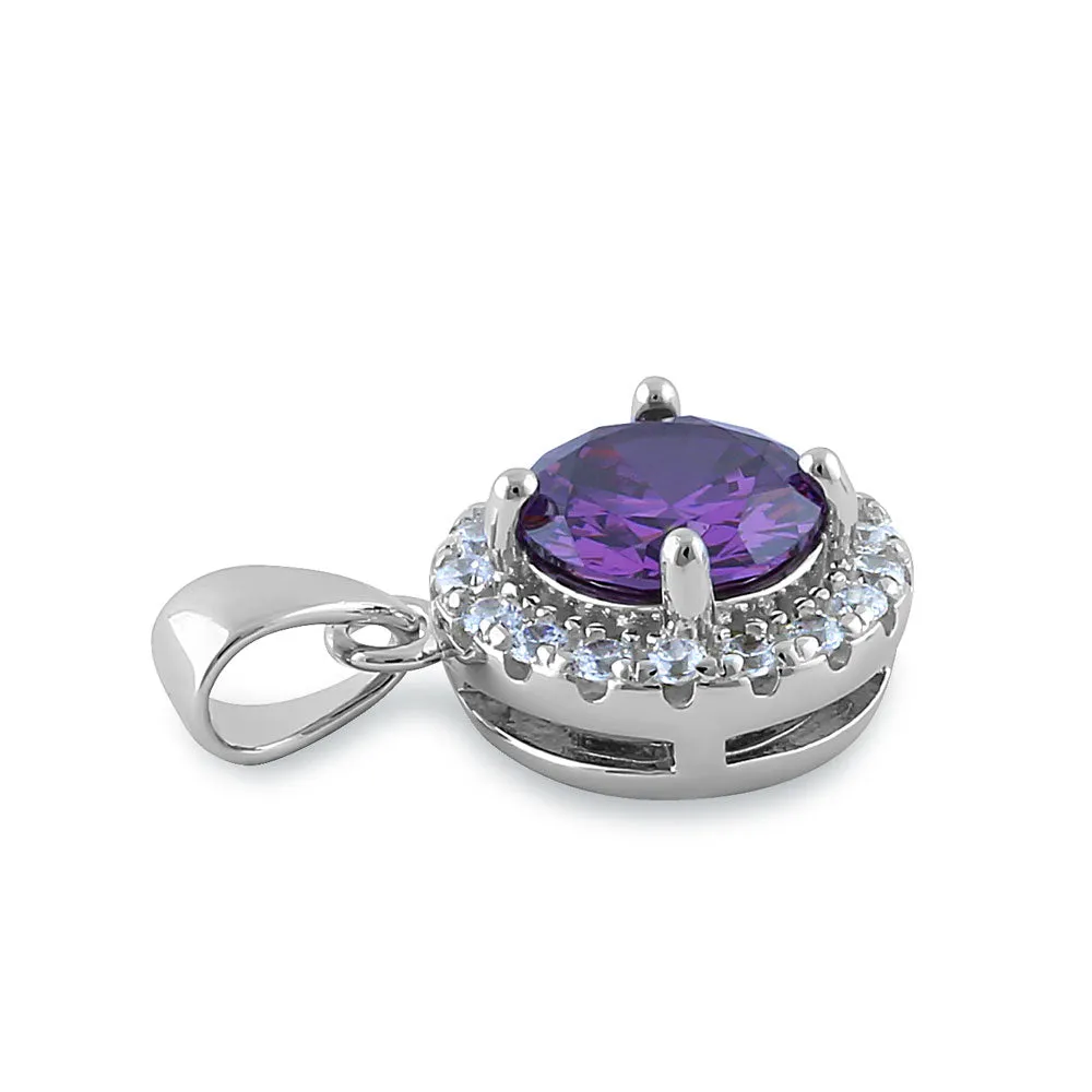Sterling Silver Round Amethyst CZ Halo Pendant