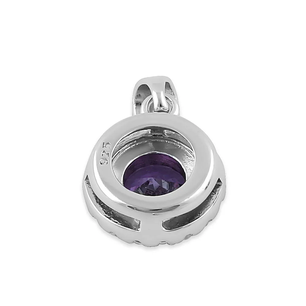 Sterling Silver Round Amethyst CZ Halo Pendant