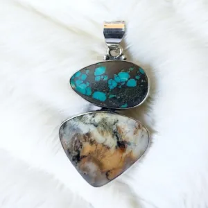 Tibetan Turquoise & Dendritic Opal Solid 925 Sterling Silver Pendant