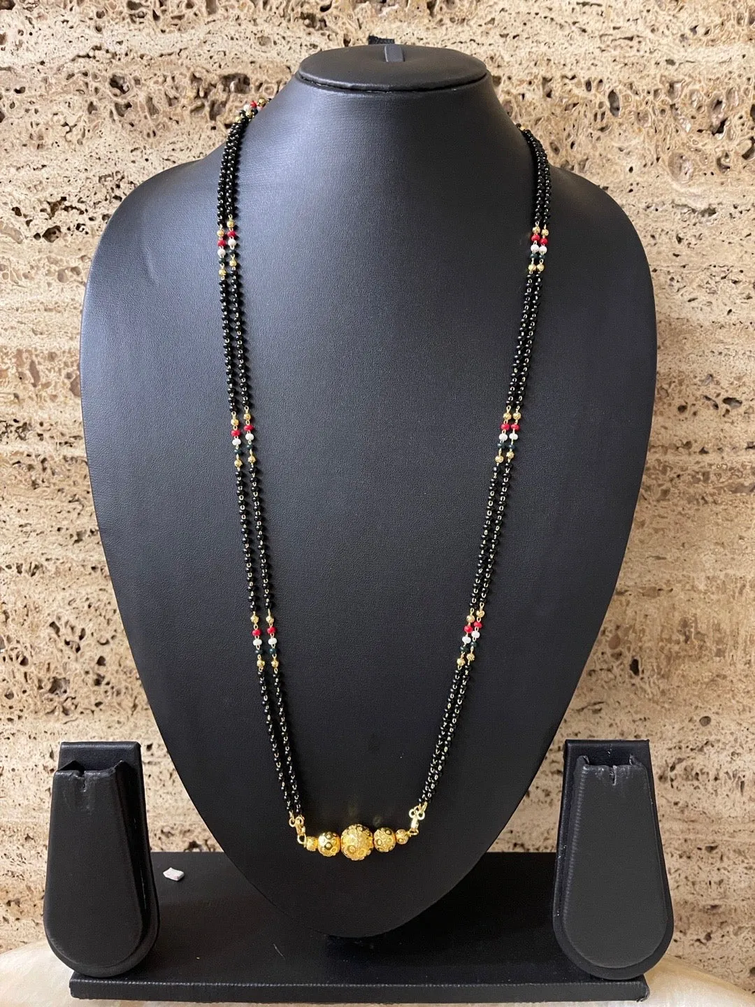 Traditional Marathi Long Mangalsutra Designs Ball Pendant Red Green White Gold And Black Beads Chain