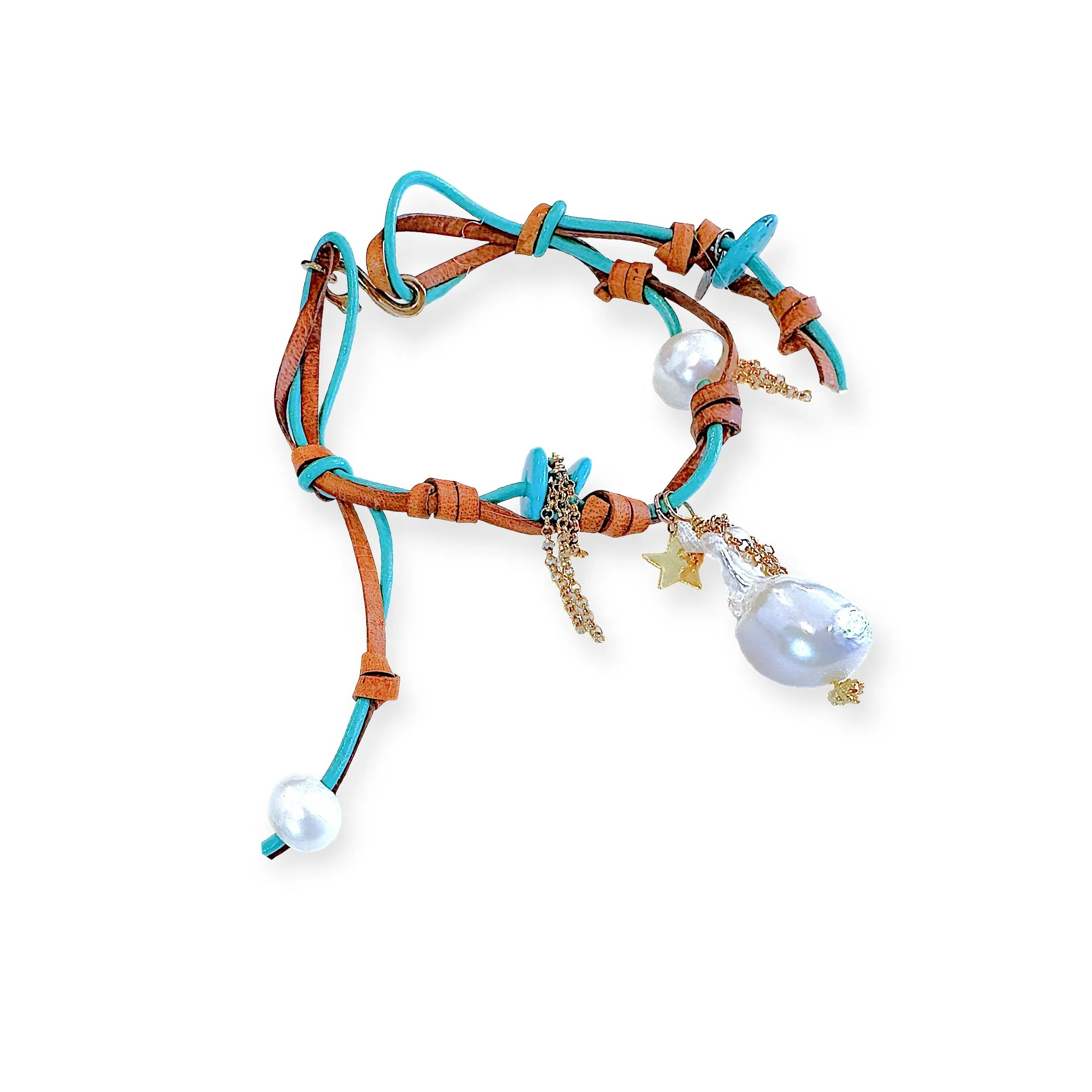TURQUOISE STAR BAROQUE PEARL GOLD ROCKSTAR LEATHER ANKLET