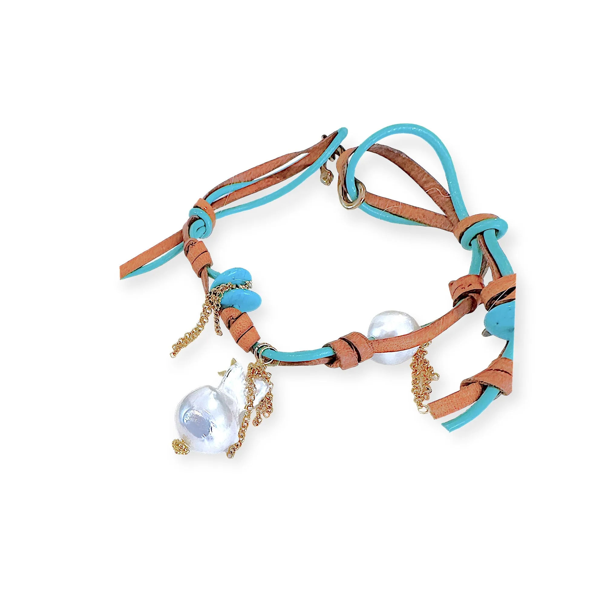 TURQUOISE STAR BAROQUE PEARL GOLD ROCKSTAR LEATHER ANKLET