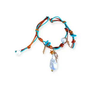 TURQUOISE STAR BAROQUE PEARL GOLD ROCKSTAR LEATHER ANKLET