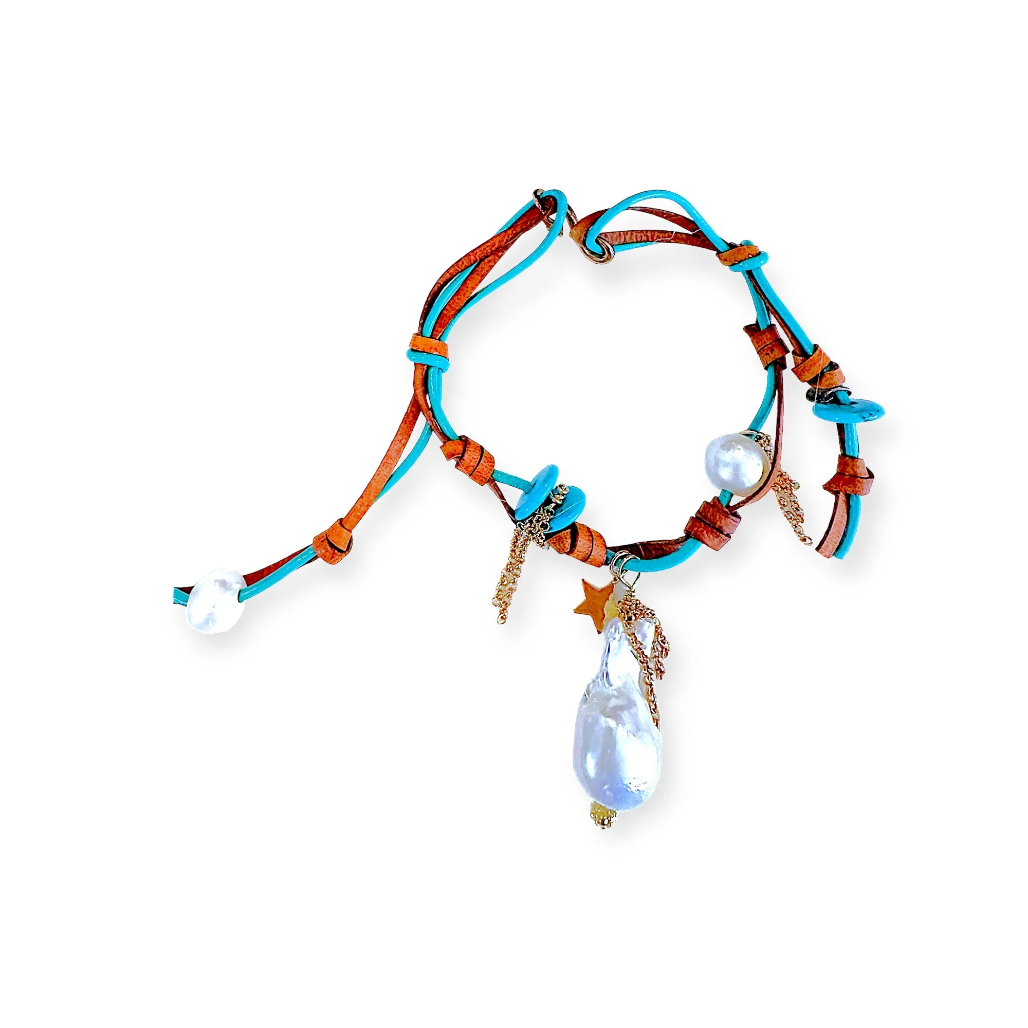 TURQUOISE STAR BAROQUE PEARL GOLD ROCKSTAR LEATHER ANKLET