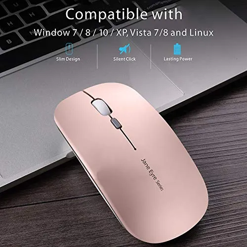 Uciefy Q5 Slim Rechargeable Wireless Mouse, 2.4G Portable Optical Silent Ultra Thin Wireless Computer Mouse with USB Receiver and Type C Adapter, Compatible with PC, Laptop, Desktop (Rose Gold)
