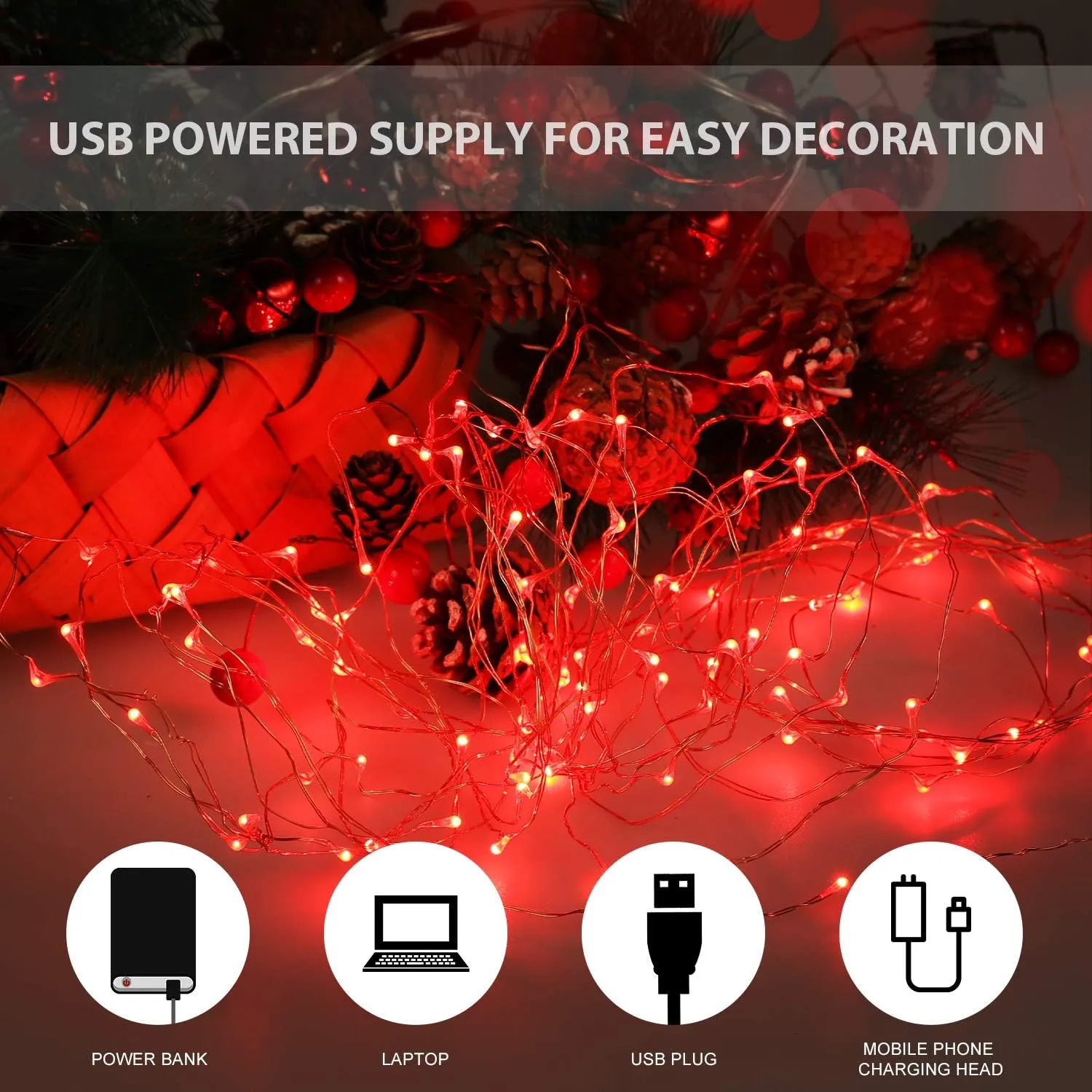 USB Powered Fairy Lights, 50 led 16 ft. USB Copper Wire USB String Lights for Bedroom Christmas Decoration Wedding Party Firefly Lights