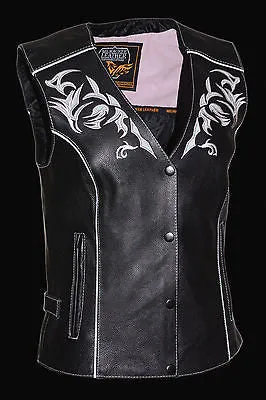 WOMEN'S MOTORCYCLE RIDING PINK LEATHER VEST W/REFLECTIVE TRIBAL DESIGN & PIPING
